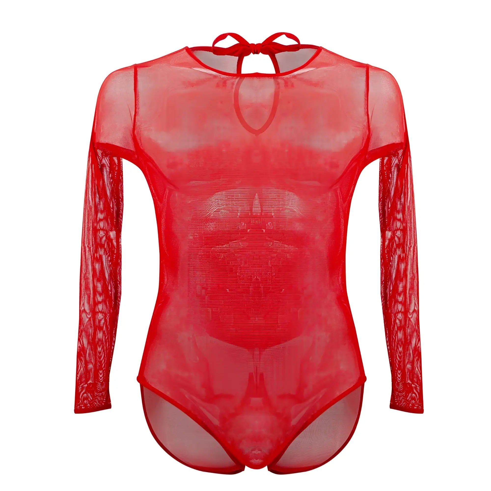Red sheer mesh long sleeve bodysuit with tie-back neckline shown from the back in plural pl001 color red