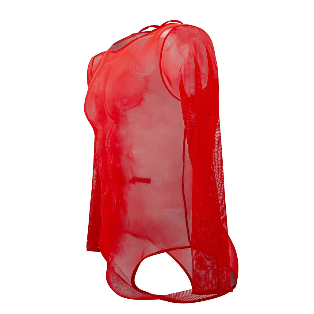Red sheer mesh long sleeve bodysuit with cut out back in red plural pl001 design shown from the back