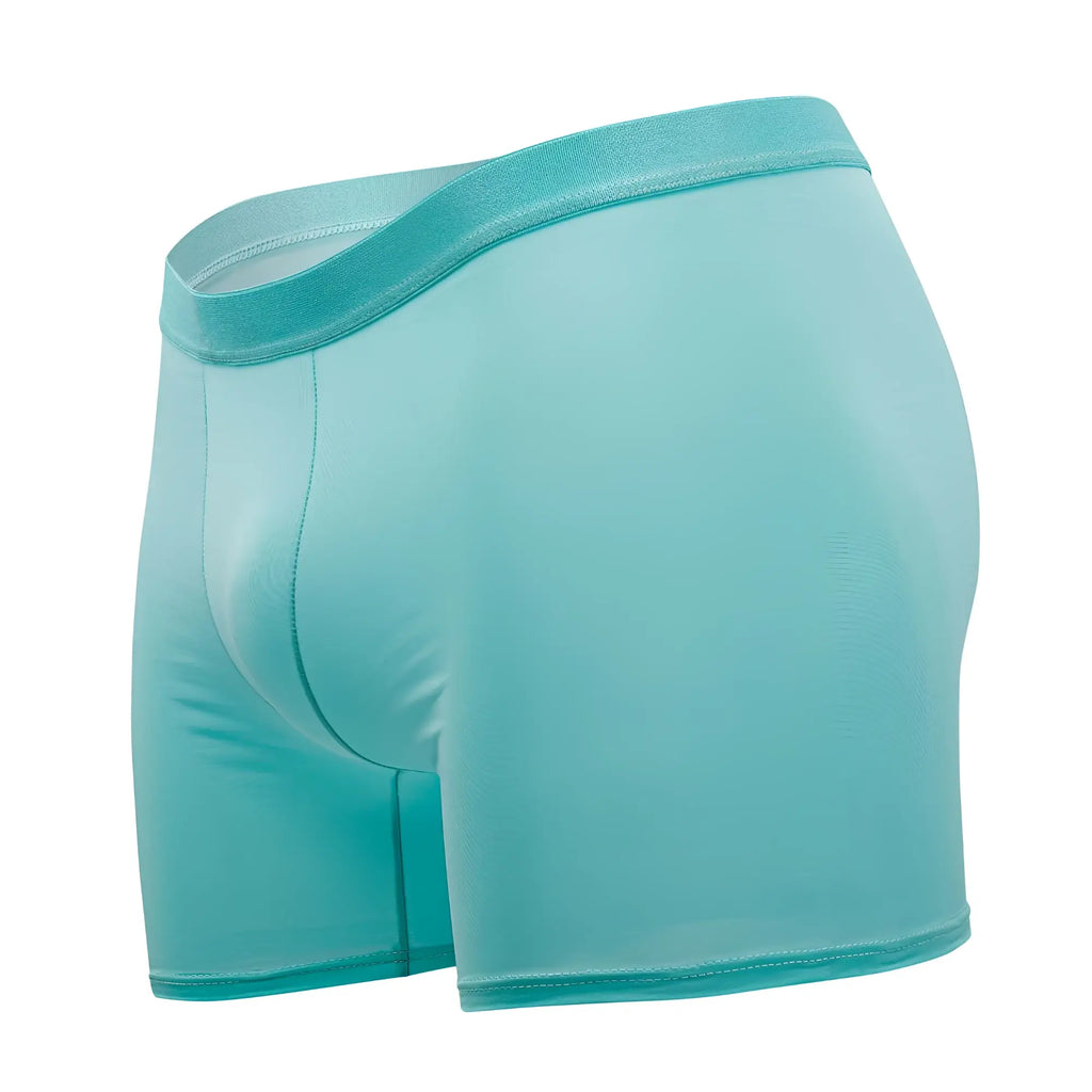 A pair of mint green plural pl008 trunks with smooth fabric and elastic waistband in a form-fitting boxer brief style