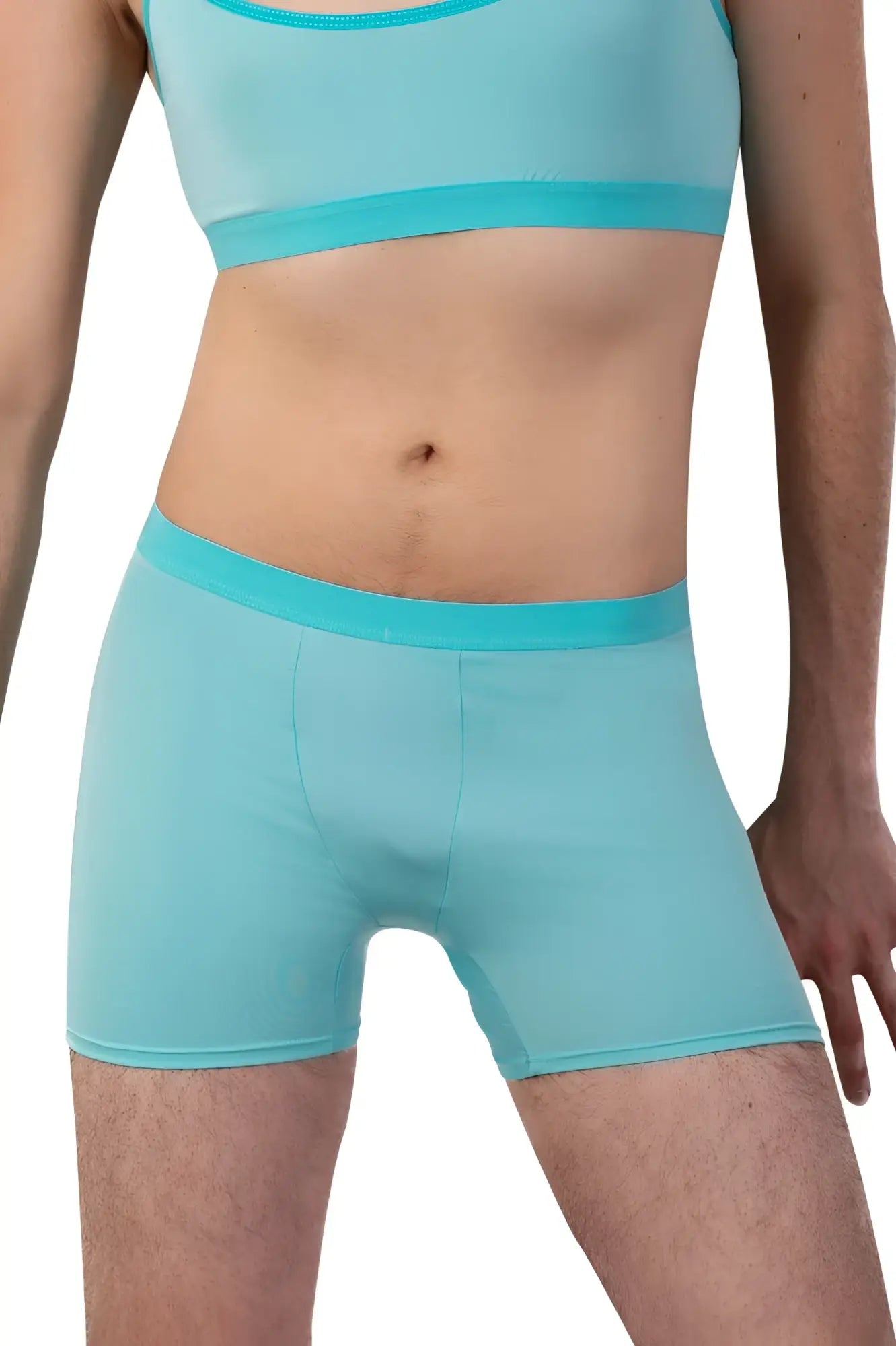 Plural PL008 trunks in mint green feature seamless turquoise boxer briefs with matching waistband for comfortable wear