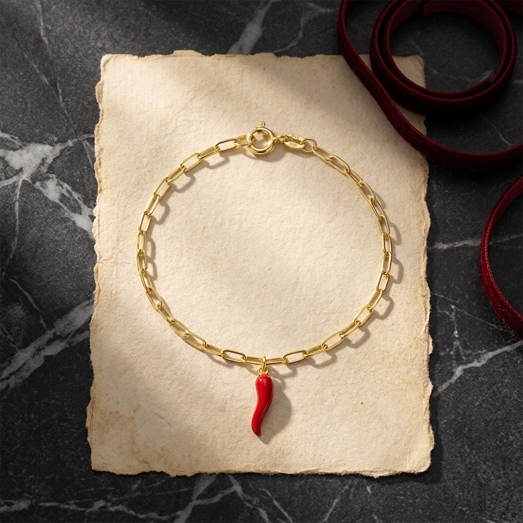 Sterling Silver 2mm Paperclip Chain Bracelet with 'Spicy Red' Cornicello Charm