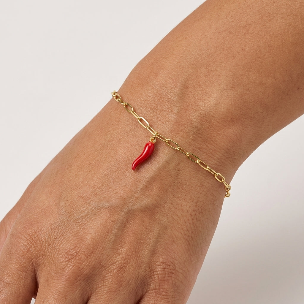 Sterling Silver 2mm Paperclip Chain Bracelet with 'Spicy Red' Cornicello Charm