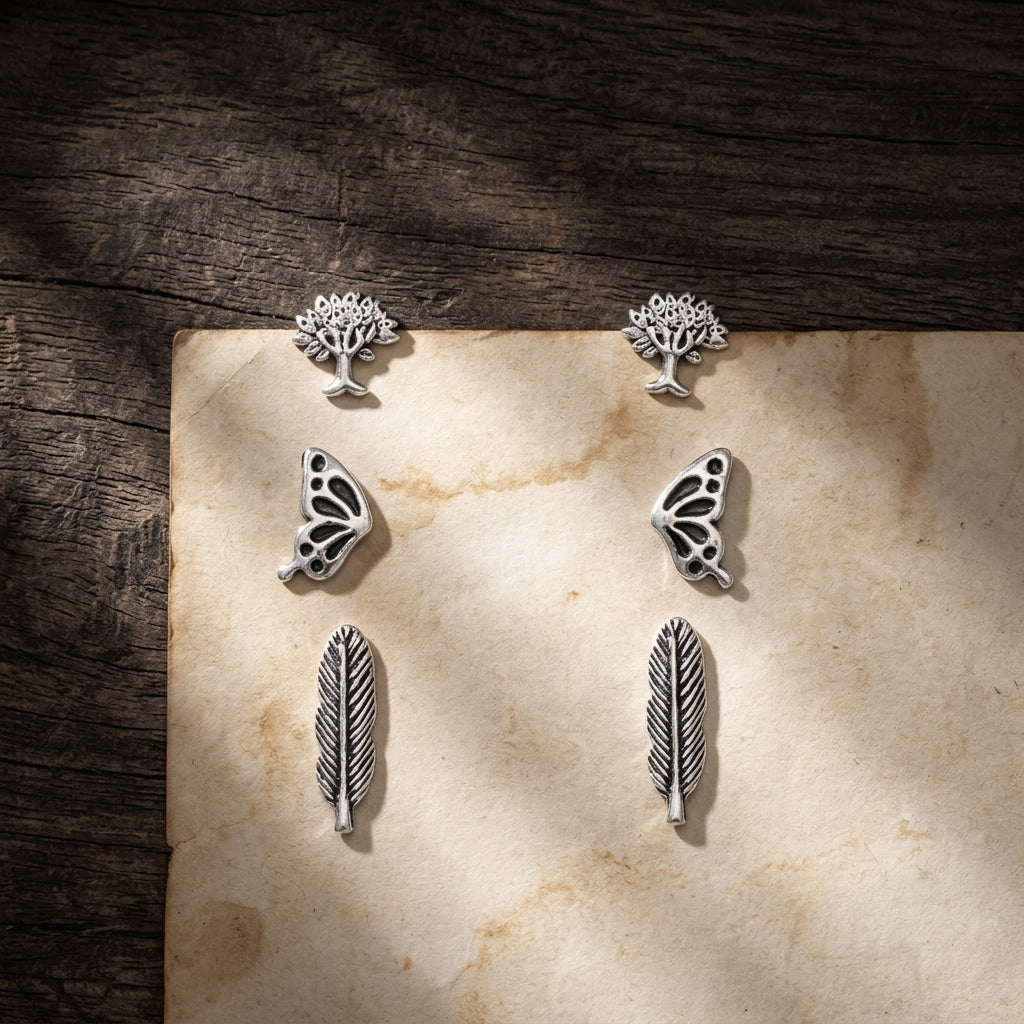 Silver Oxidised Nature Earrings Set