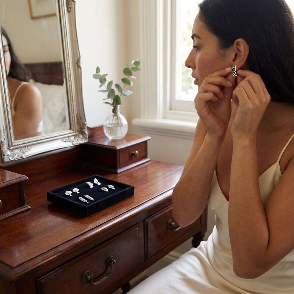 Silver Oxidised Nature Earrings Set