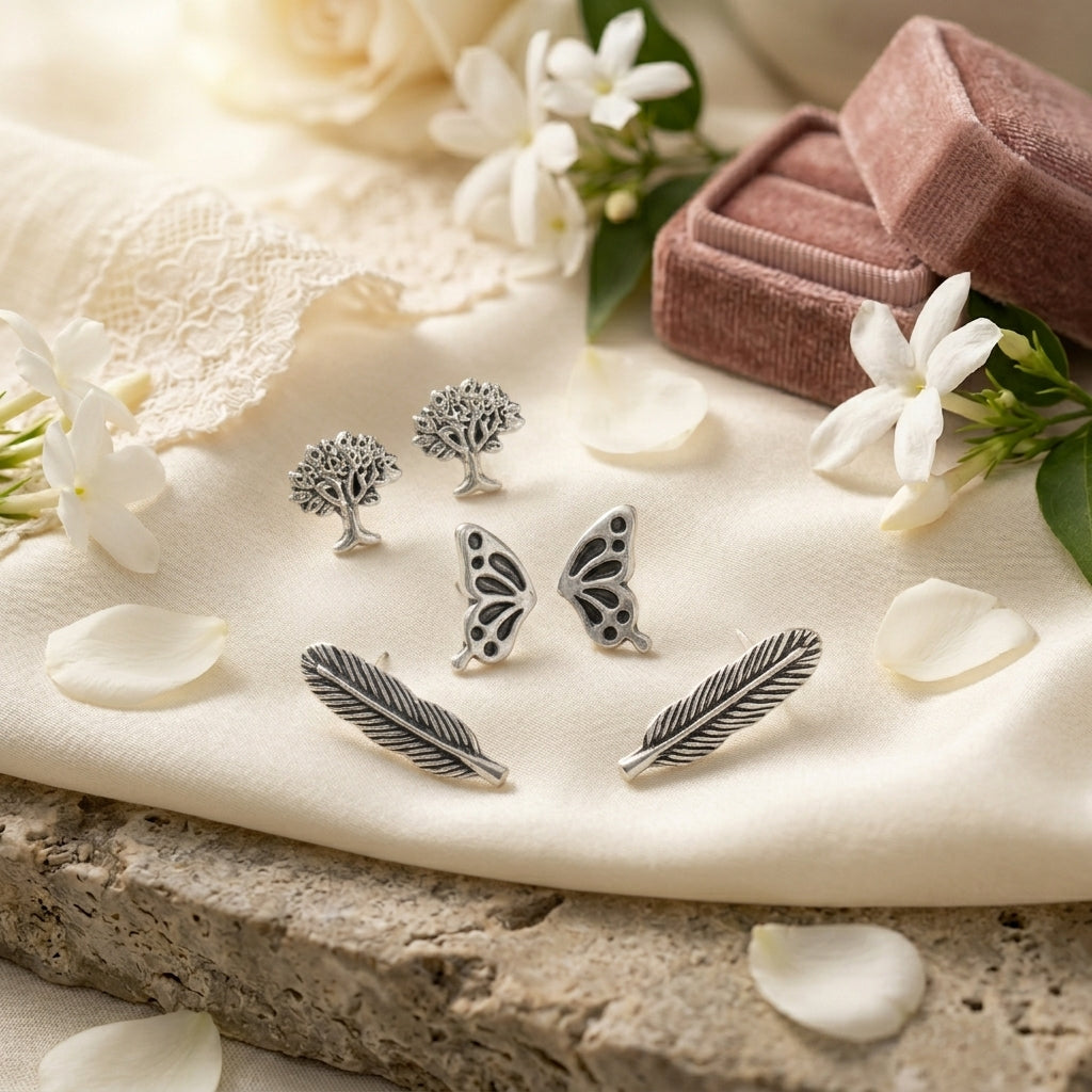 Silver Oxidised Nature Earrings Set