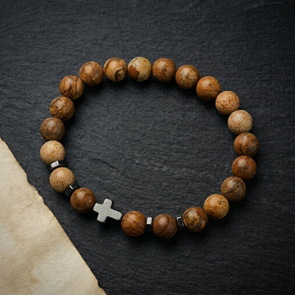 Blaze Jasper Beaded Bracelet with Steel Cross Pendant