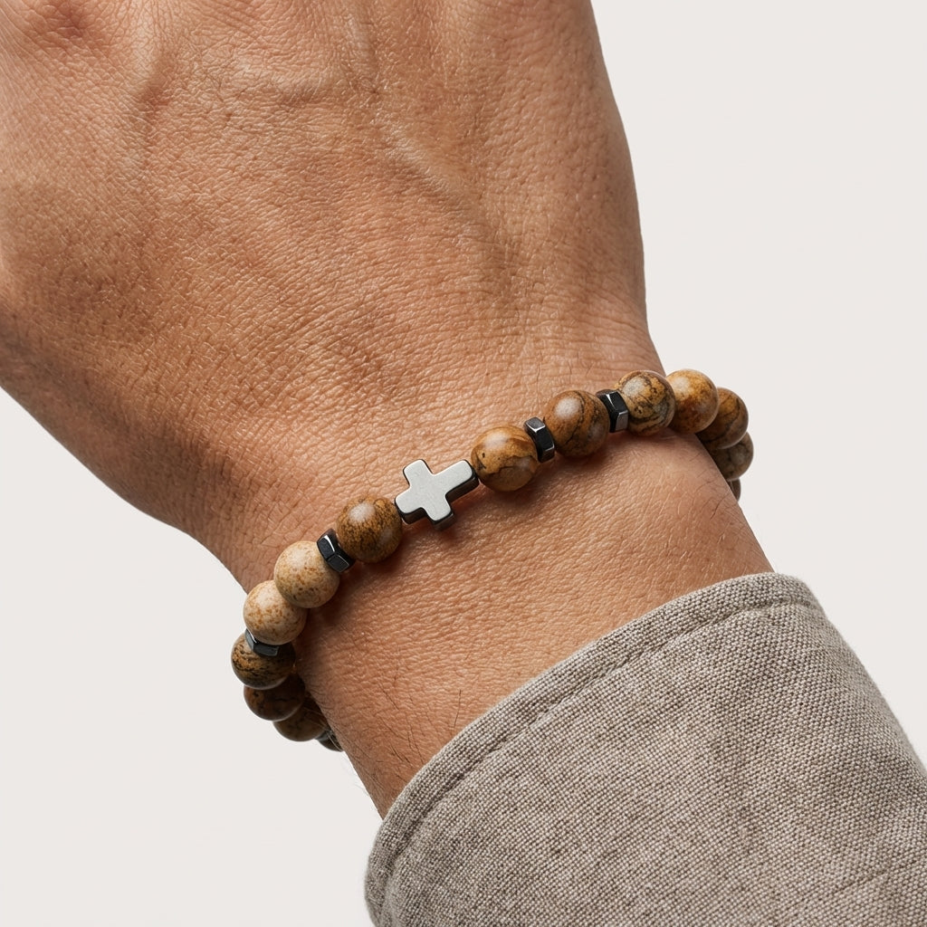 Blaze Jasper Beaded Bracelet with Steel Cross Pendant