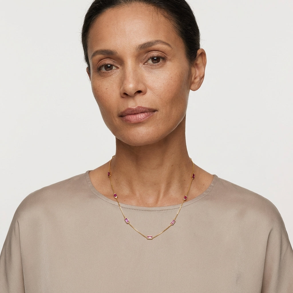 Gold-Plated Sterling Silver Box Chain Necklace with Ruby-Pink Baguette CZ