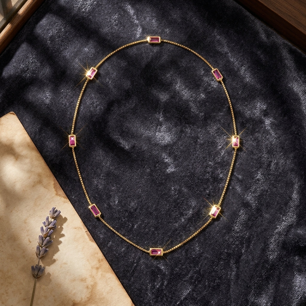 Gold-Plated Sterling Silver Box Chain Necklace with Ruby-Pink Baguette CZ