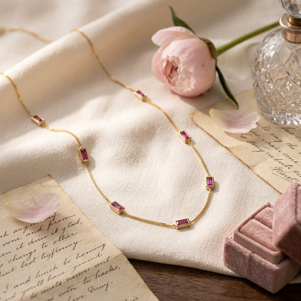 Gold-Plated Sterling Silver Box Chain Necklace with Ruby-Pink Baguette CZ