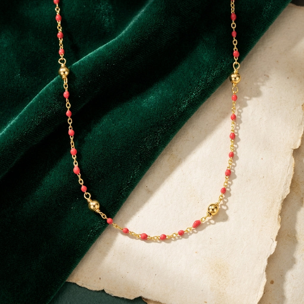 Sterling Silver Short Coral Enamel Necklace with Beaded Detail