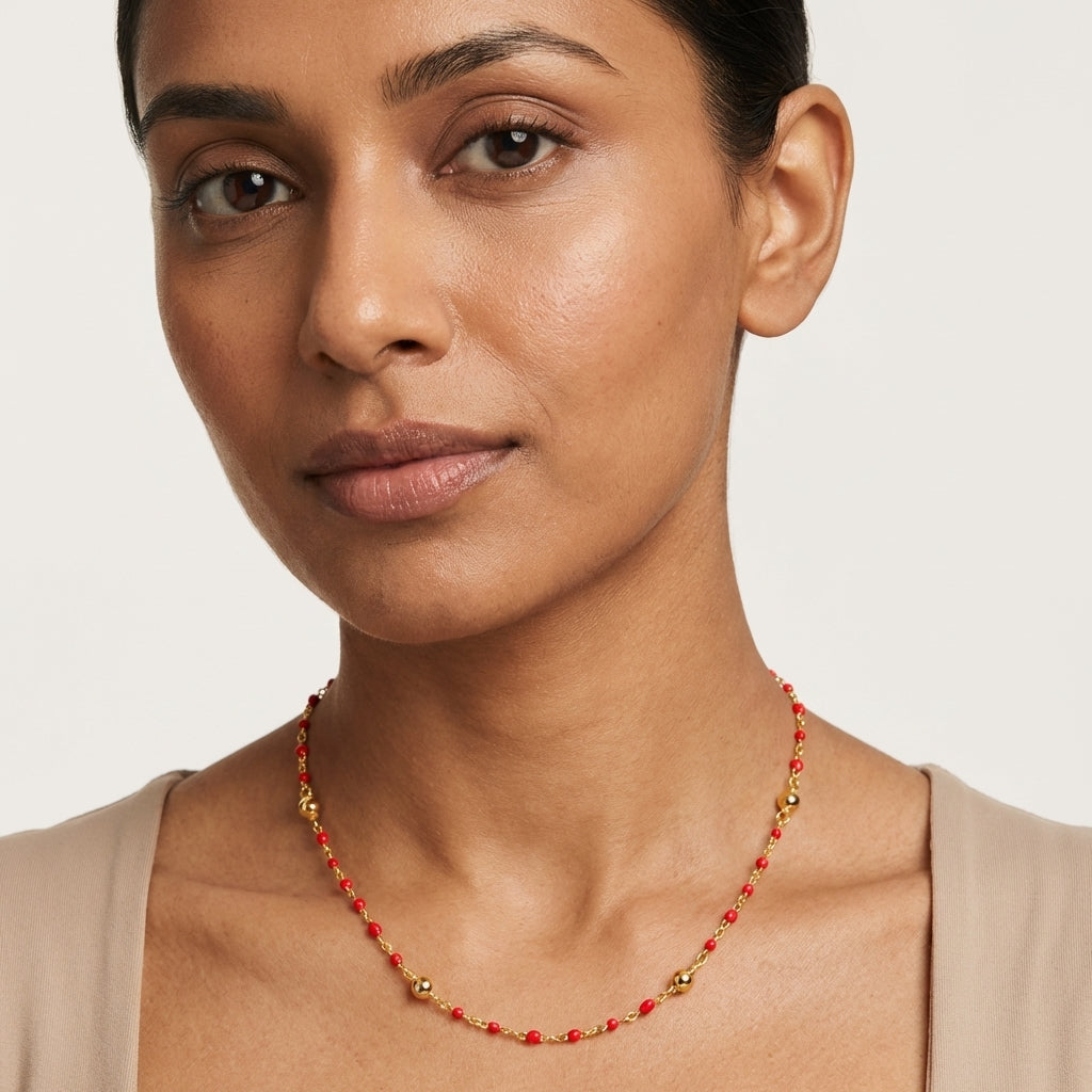 Sterling Silver Short Coral Enamel Necklace with Beaded Detail