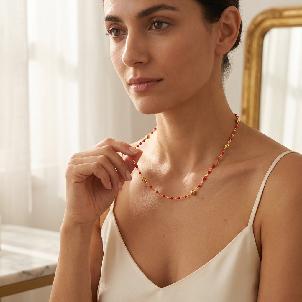 Sterling Silver Short Coral Enamel Necklace with Beaded Detail