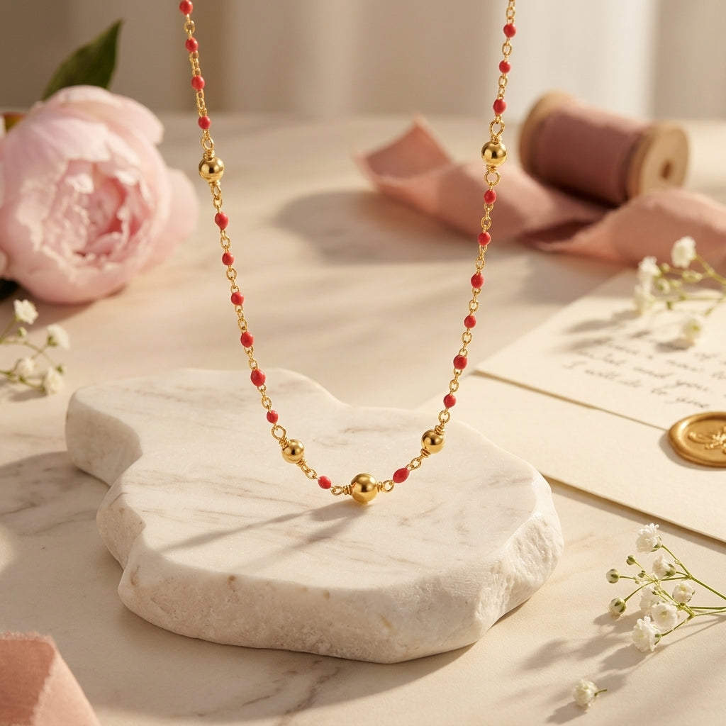 Sterling Silver Short Coral Enamel Necklace with Beaded Detail