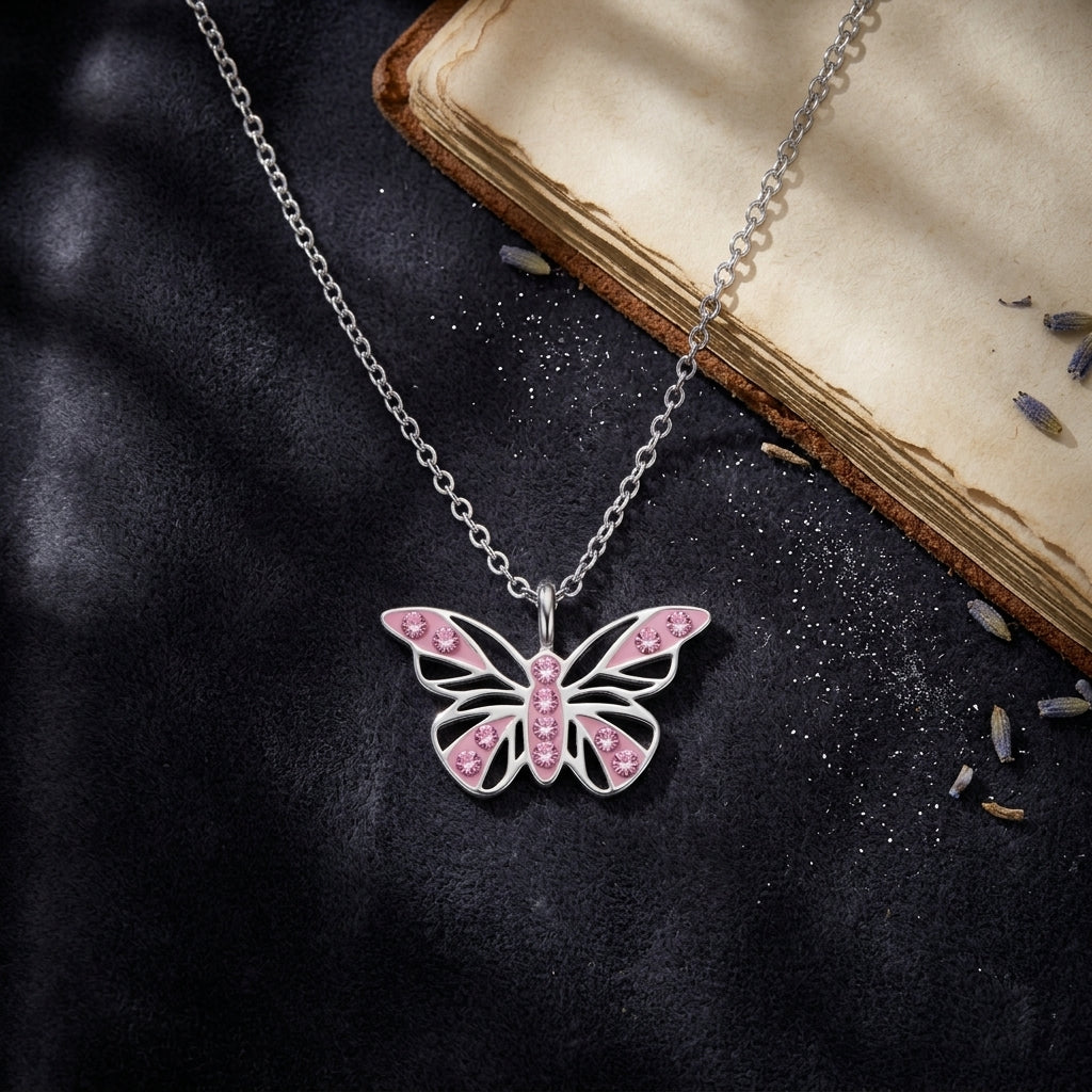 Pink Crystal Butterfly Necklace — 925 Sterling Silver, 45cm