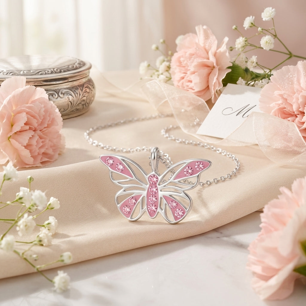 Pink Crystal Butterfly Necklace — 925 Sterling Silver, 45cm