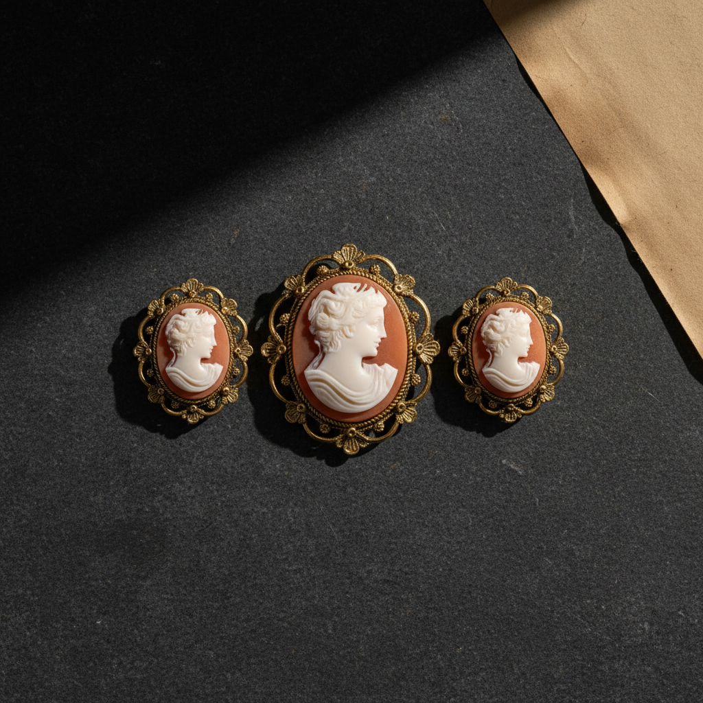 Antique 9ct Yellow Gold Shell Cameo Brooch & Screw Back Earrings Set, c.1920–1940