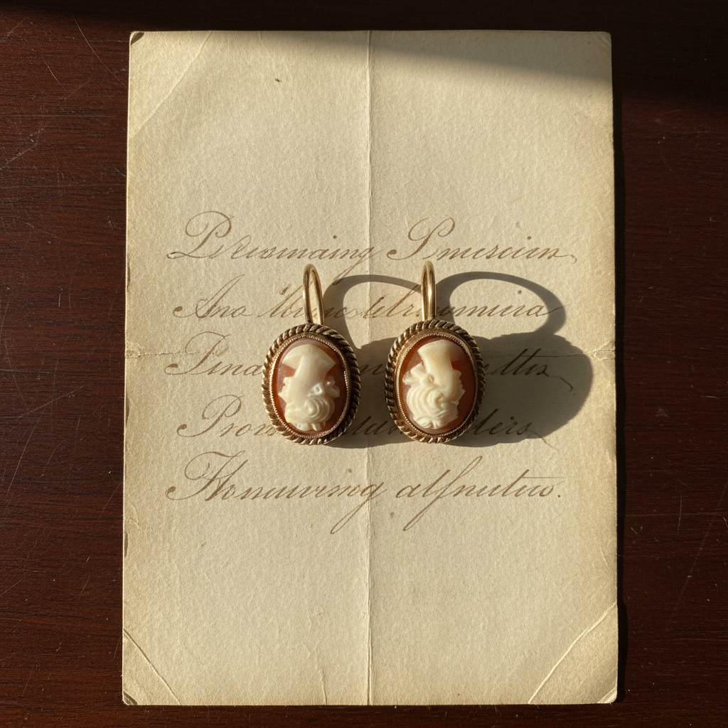 Antique 9ct Yellow Gold Shell Cameo Brooch & Screw Back Earrings Set, c.1920–1940