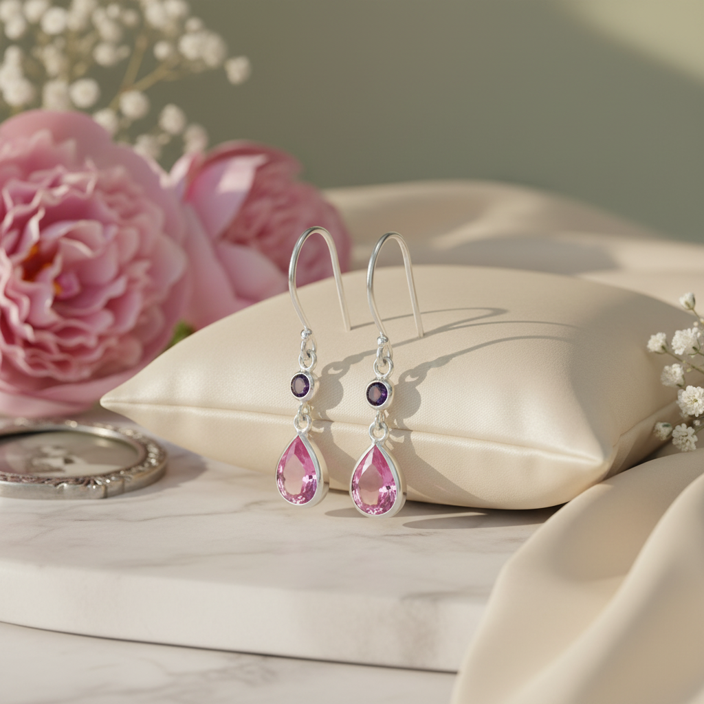 Silver Circle & Teardrop Earrings with Cubic Zirconia