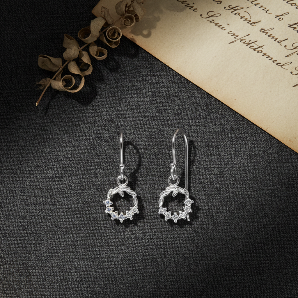Silver Christmas Wreath Earrings with Cubic Zirconia