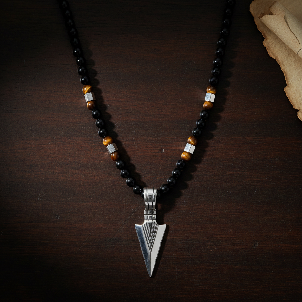 Blaze Men's Arrow Pendant Necklace with Onyx & Tiger Eye Beads