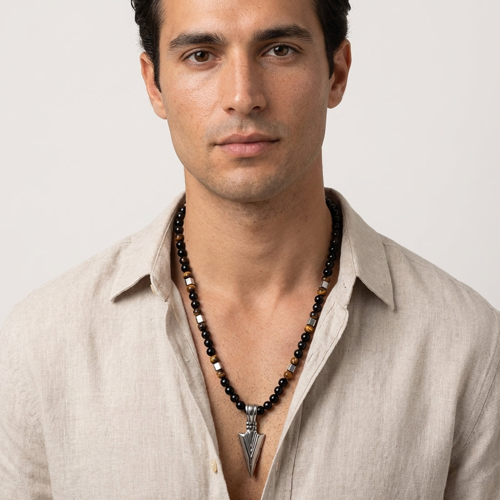 Blaze Men's Arrow Pendant Necklace with Onyx & Tiger Eye Beads