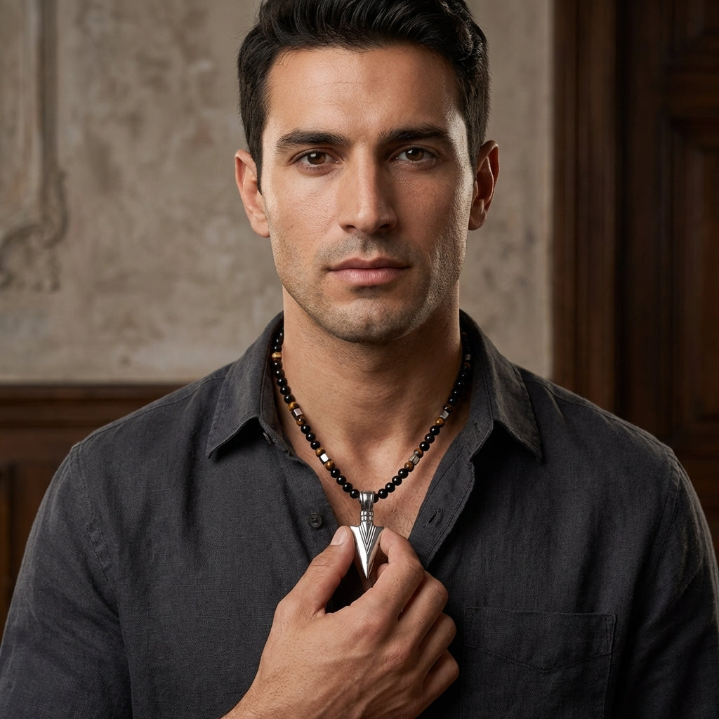 Blaze Men's Arrow Pendant Necklace with Onyx & Tiger Eye Beads