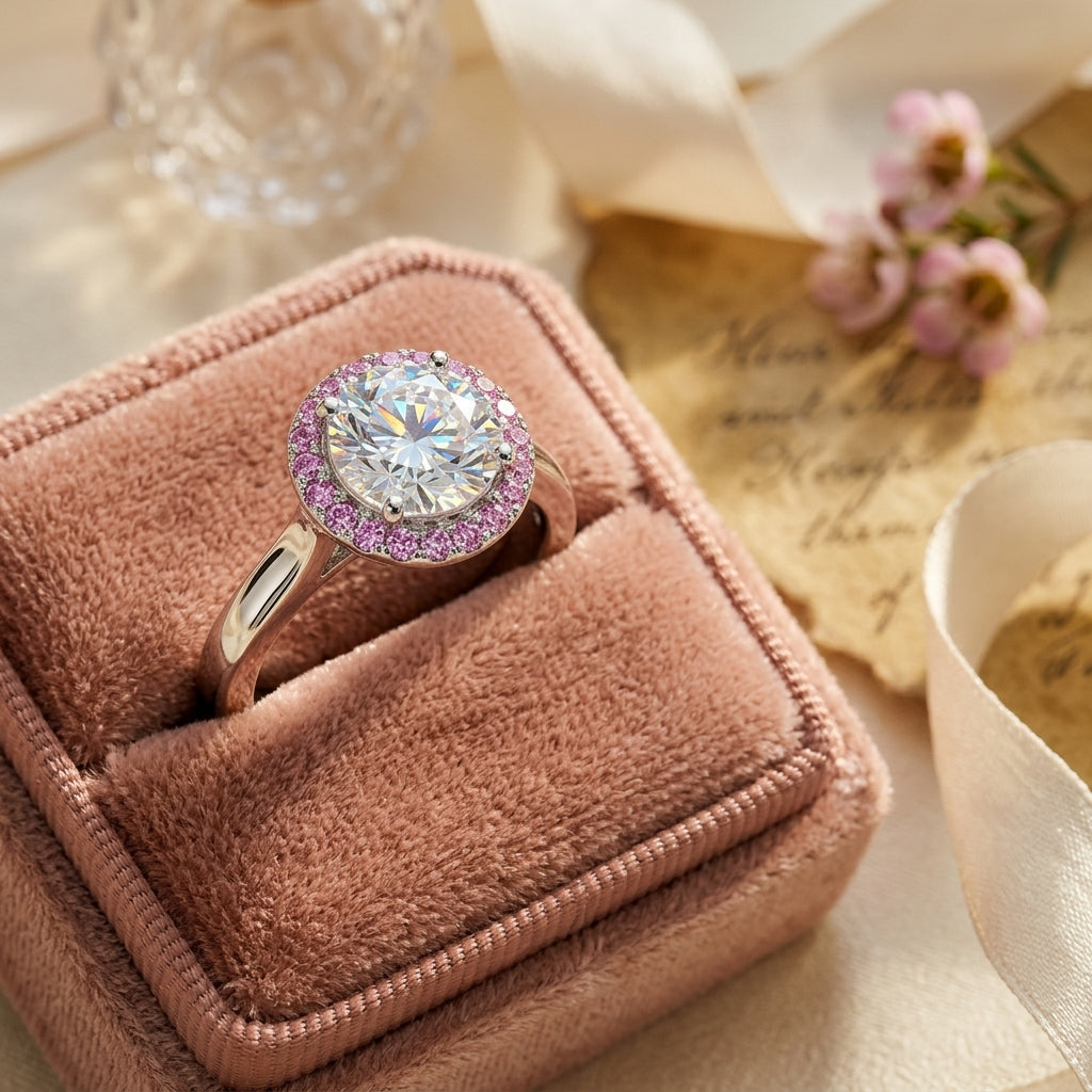 Pink Halo Zirconia Solitaire, Sterling Silver