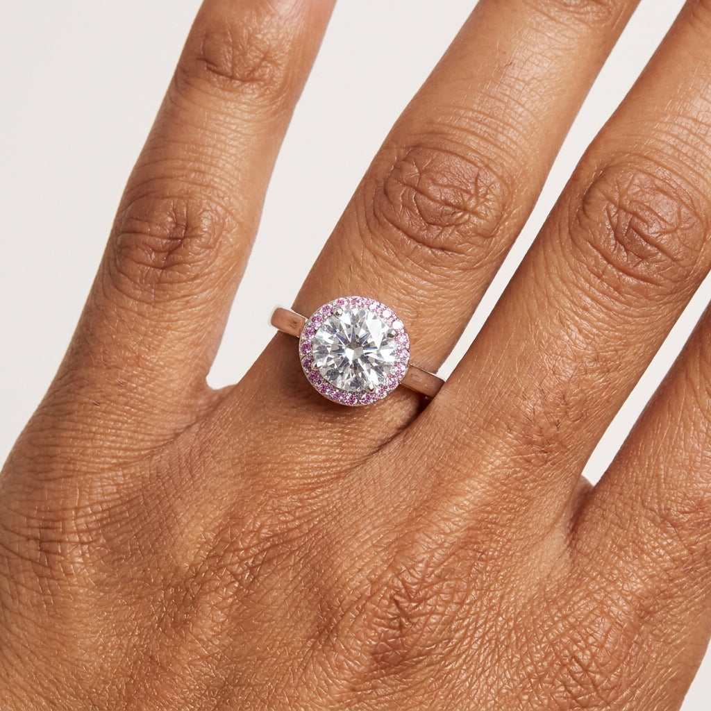 Pink Halo Zirconia Solitaire, Sterling Silver