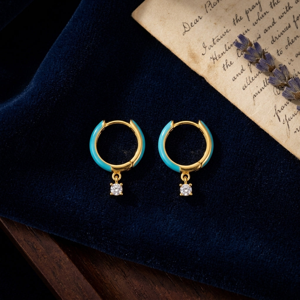 Sterling Silver Gold-Plated Hoop Earrings with Blue Enamel & CZ