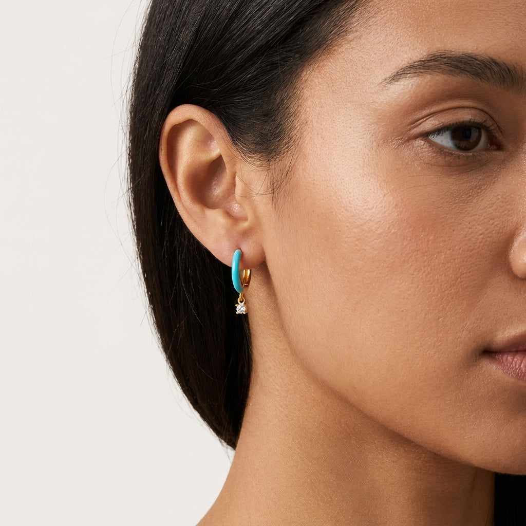 Sterling Silver Gold-Plated Hoop Earrings with Blue Enamel & CZ