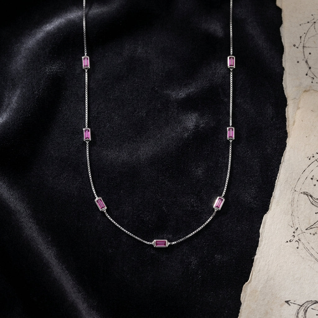 Sterling Silver Box Chain Necklace with Ruby-Pink Baguette CZ