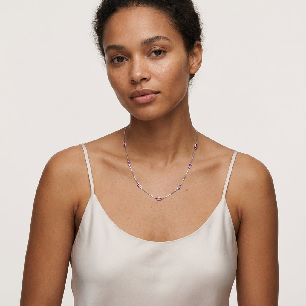 Sterling Silver Box Chain Necklace with Ruby-Pink Baguette CZ