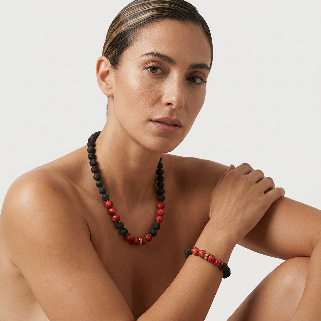 Vintage Natural Red Black Coral Beaded Necklace And Bracelet Set