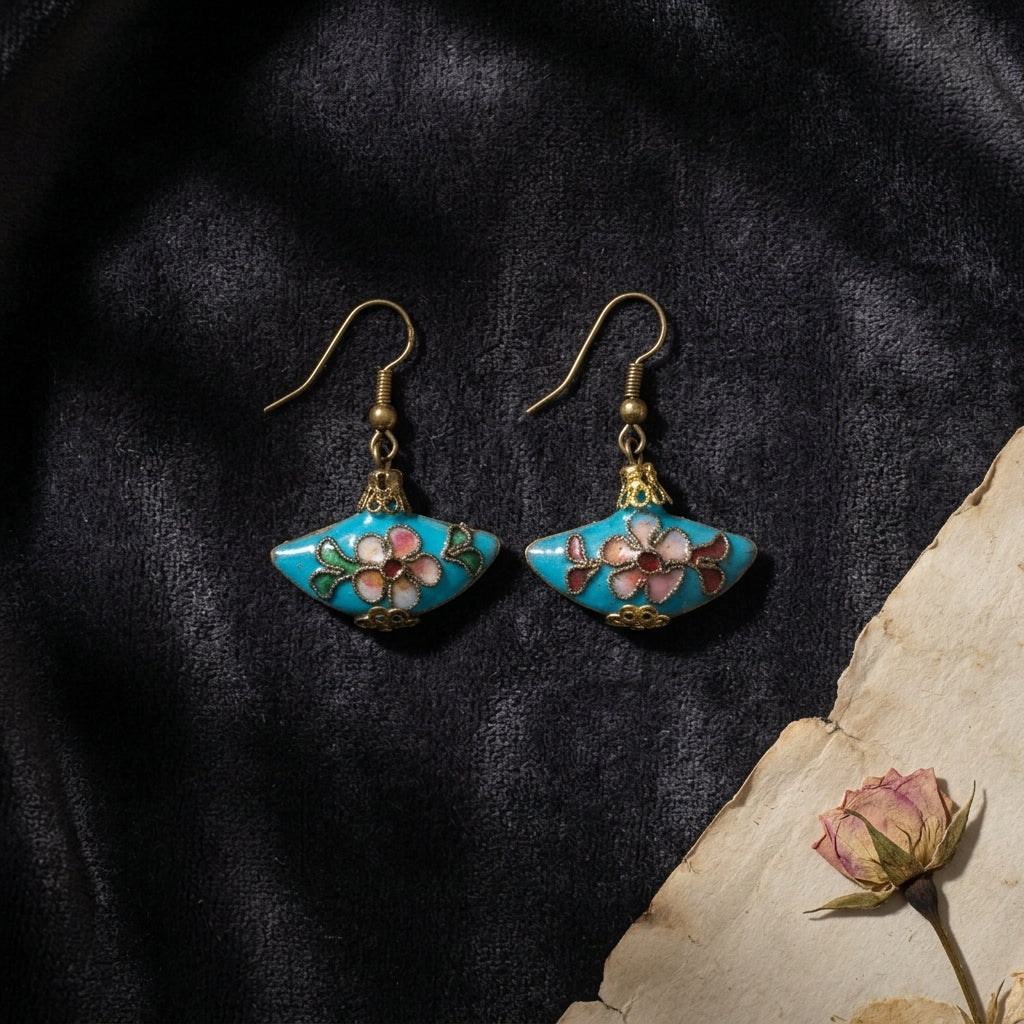 Vintage Style Cloisonne Enamel Fan Earrings Turquoise Blue Floral Gold Tone