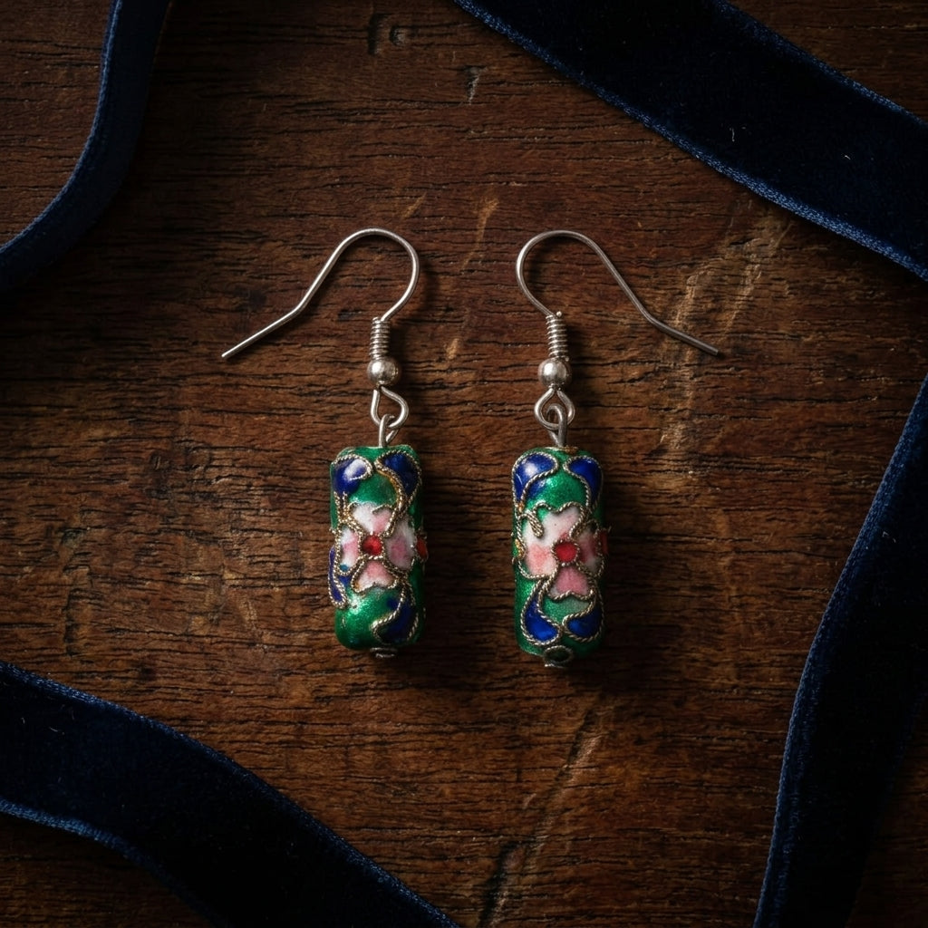 Vintage Style Cloisonné Enamel Floral Cylinder Drop Earrings Green Blue Pink