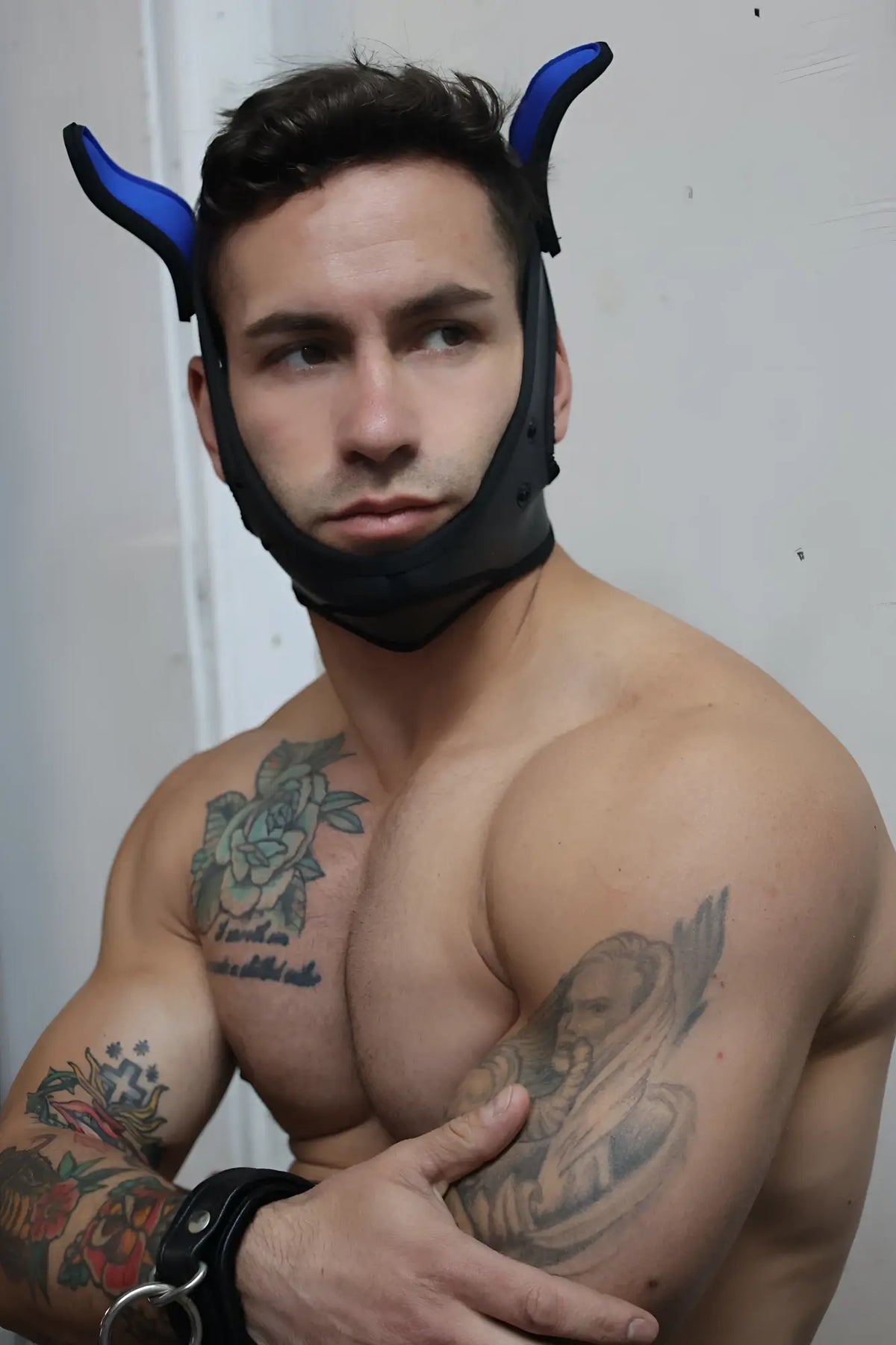 Blue and black devil horn headpiece from poundtown pup mask 2.0 made of durable material for costume use