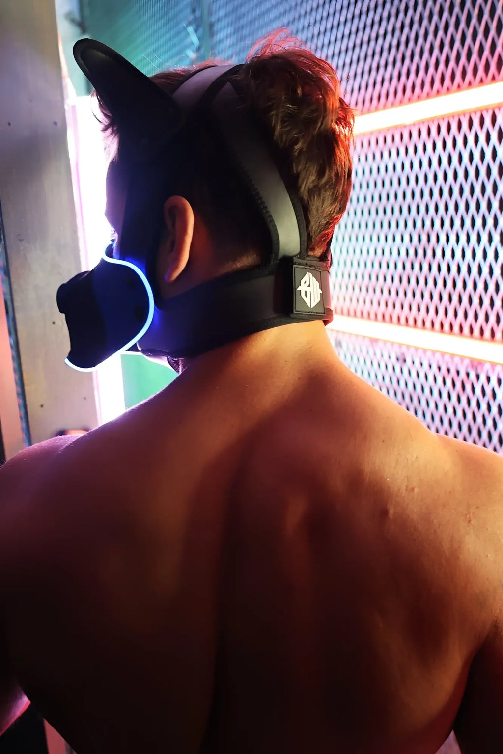 Black dog-eared Poundtown Pup Mask 2.0 headset with glowing blue led trim and branded patch on the strap