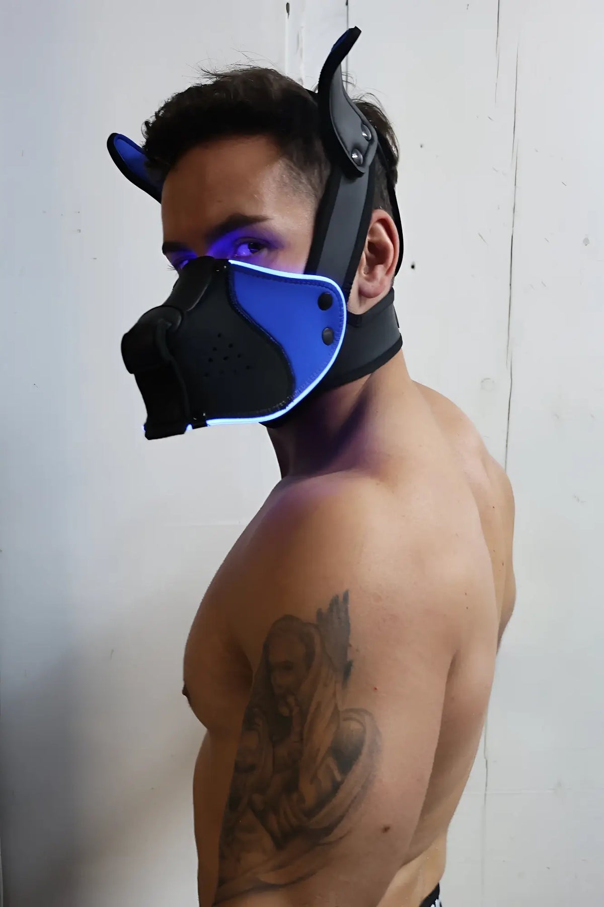 Black and blue leather poundtown pup mask 2.0 with glowing led trim for night visibility and style