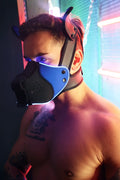 Blue and black leather dog mask with adjustable straps for secure fit from poundtown pup mask 2.0 collection