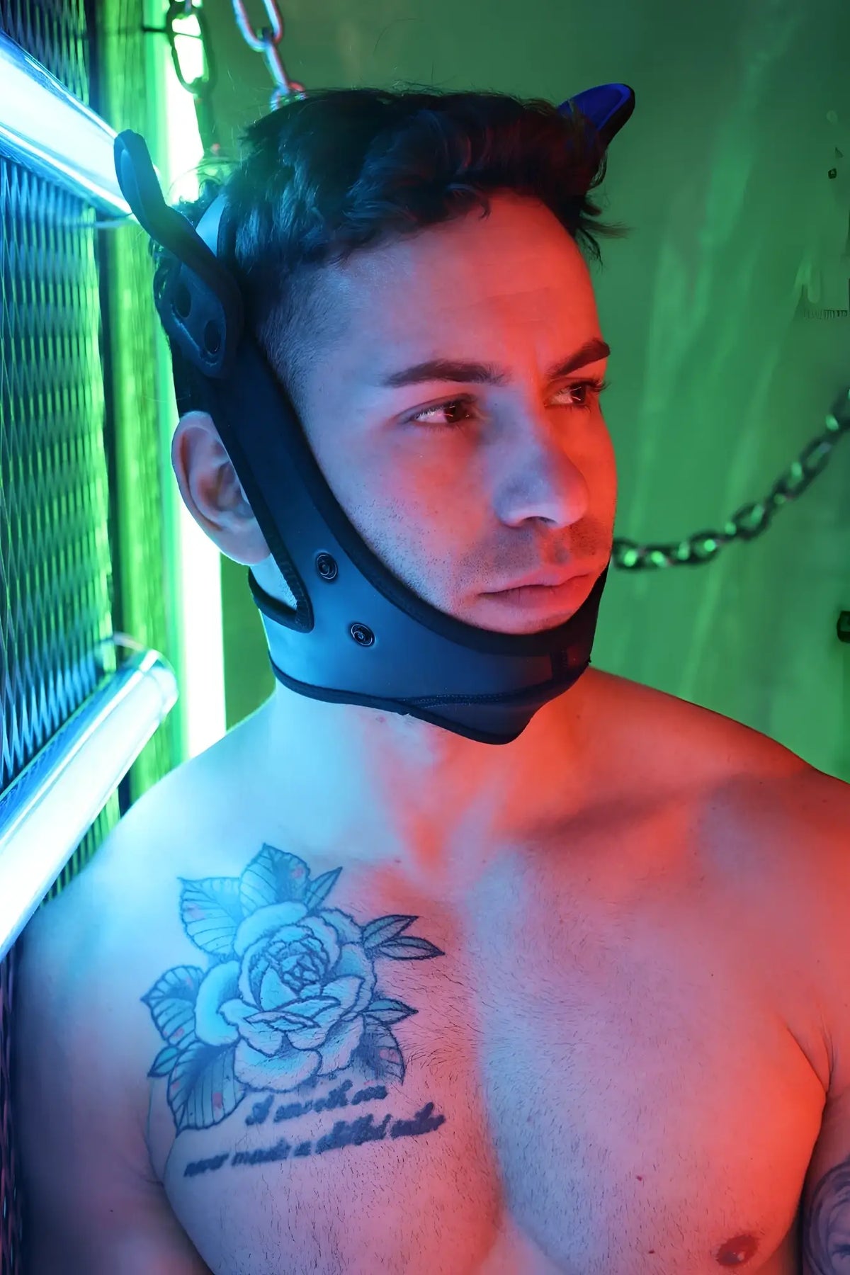 Black leather pup mask with blue devil horns poundtown pup mask 2.0 front view