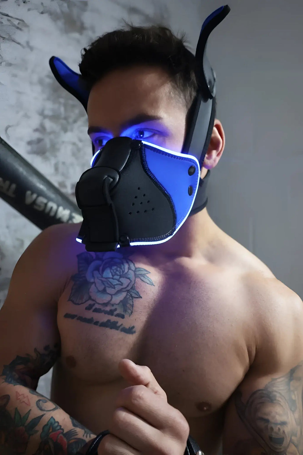 Blue and black led-lit Poundtown Pup Mask 2.0 with ear-like protrusions for cosplay or costume use