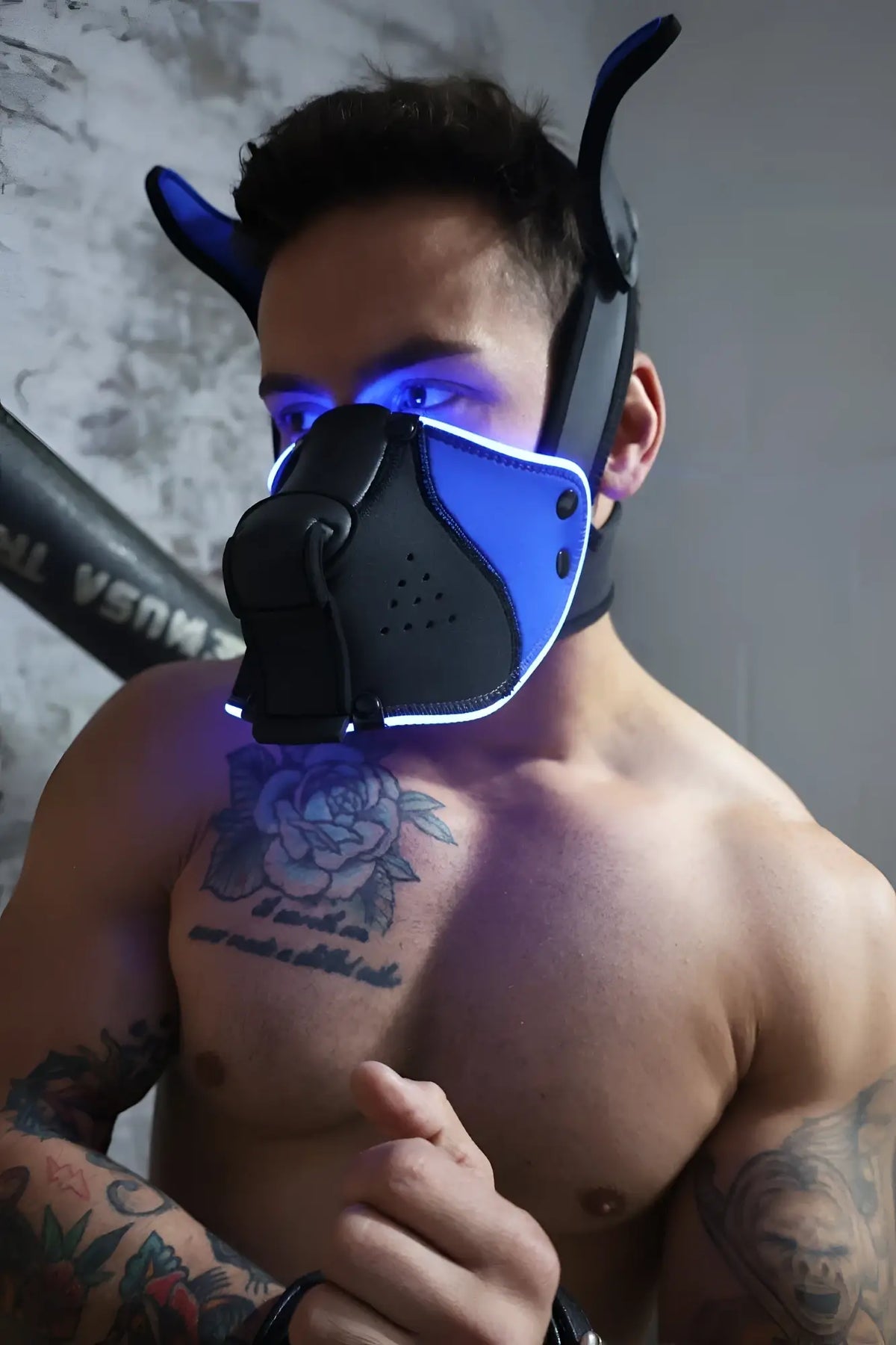 Blue and black led-lit Poundtown Pup Mask 2.0 with ear-like protrusions for cosplay or costume use