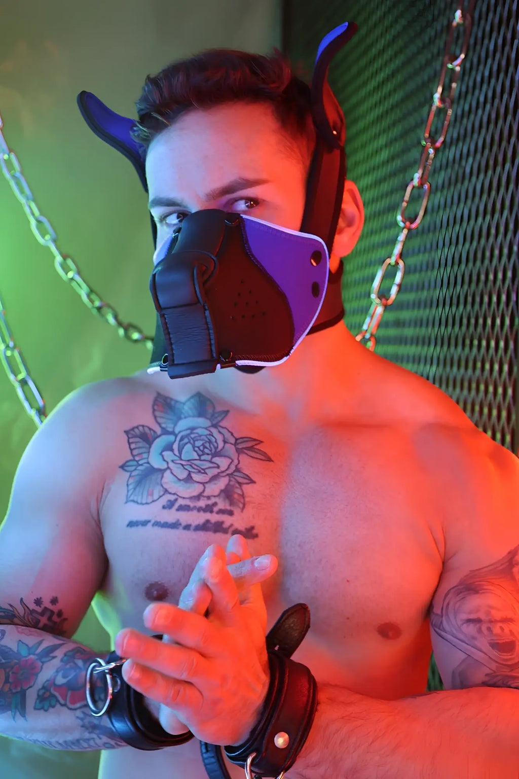 Black and purple leather dog mask with horn attachments from Poundtown Pup Mask 2.0 blue collection