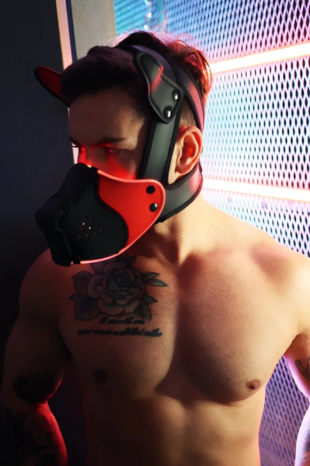 Black and red leather poundtown pup mask 2.0 with adjustable straps and ventilation holes for comfort and fit