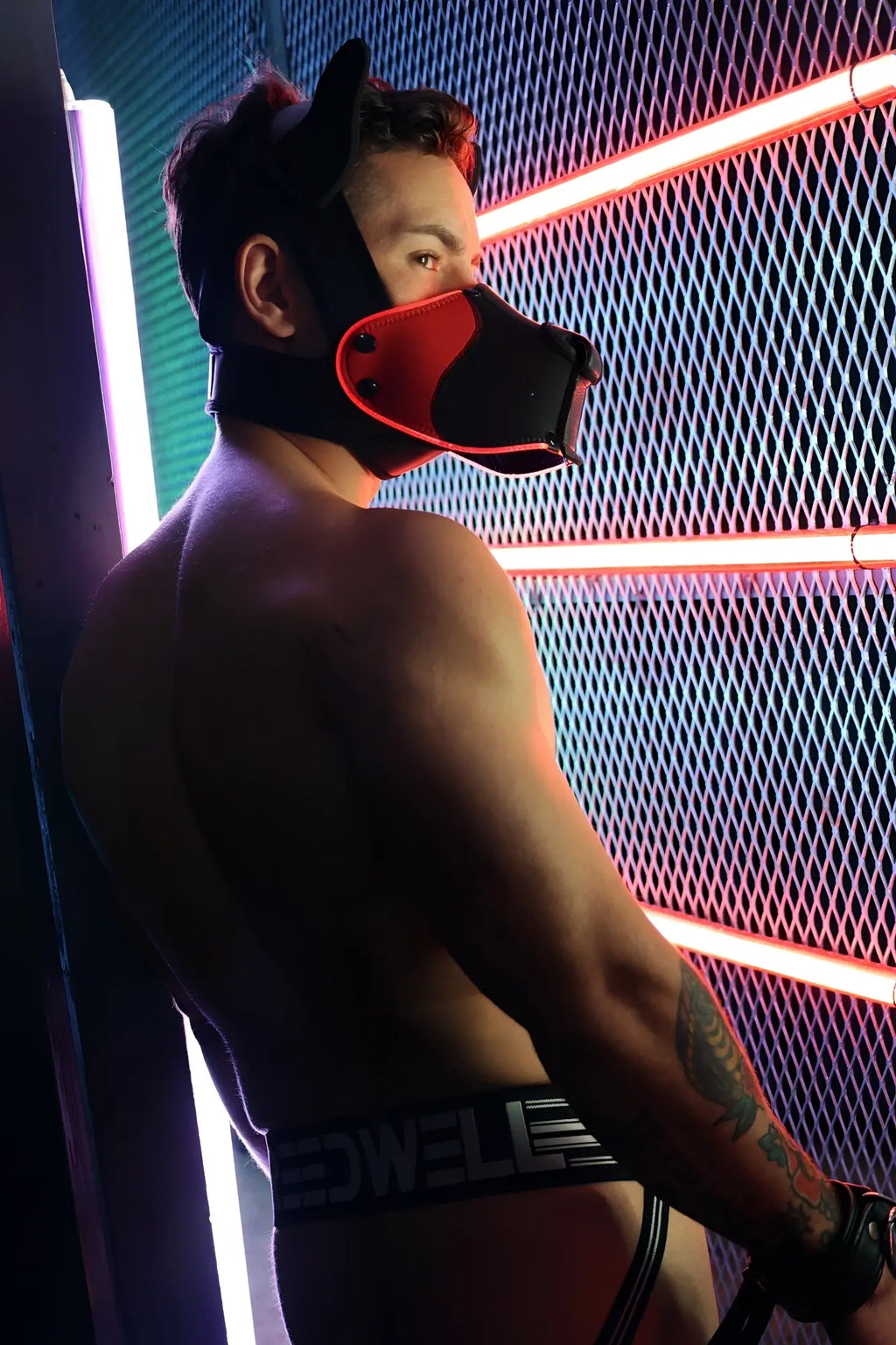 Black and red leather cat ear muzzle Poundtown Pup Mask 2.0 designed for pup play and cosplay use
