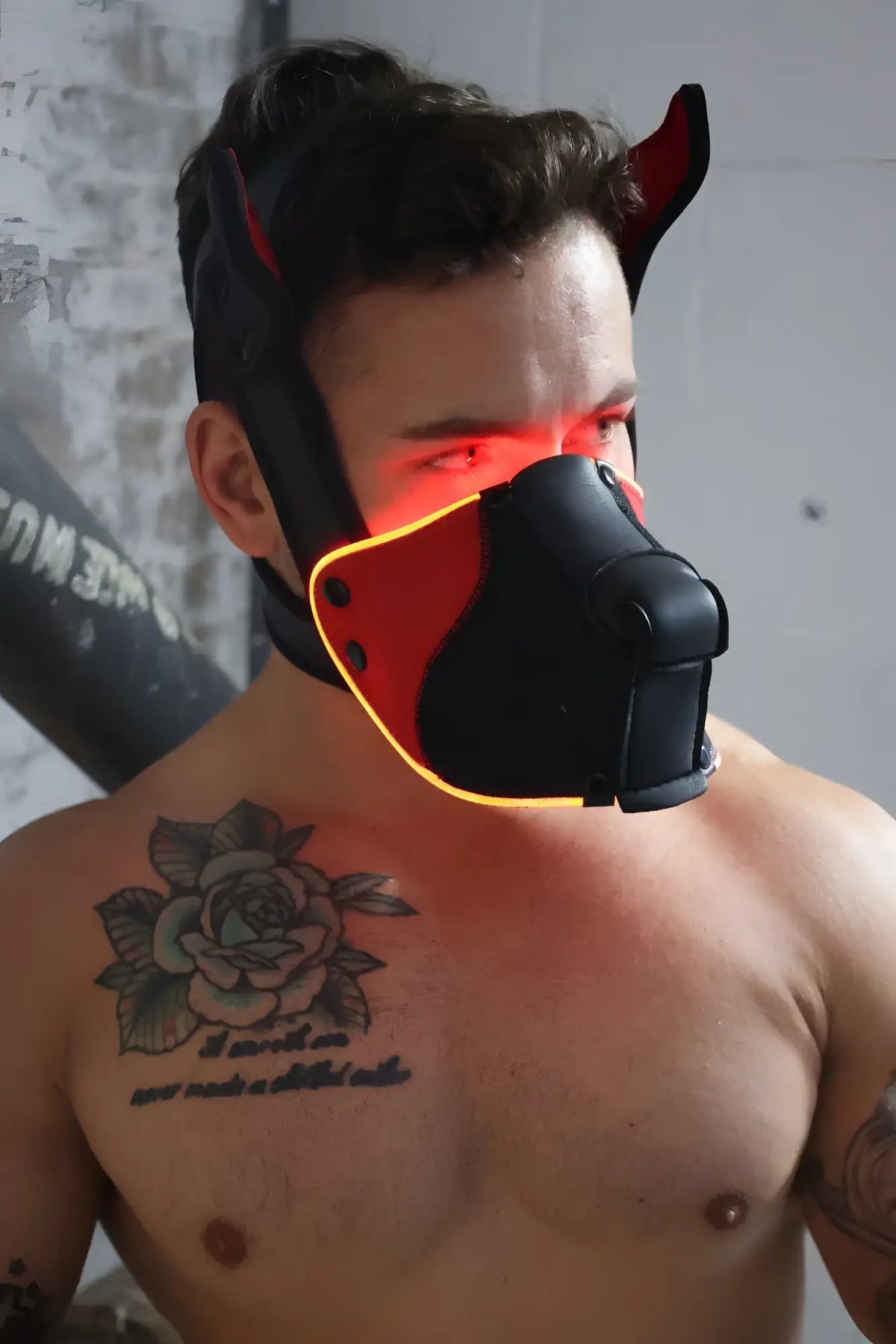 Black and red led dog mask poundtown pup mask 2.0 with glowing orange trim for nighttime use