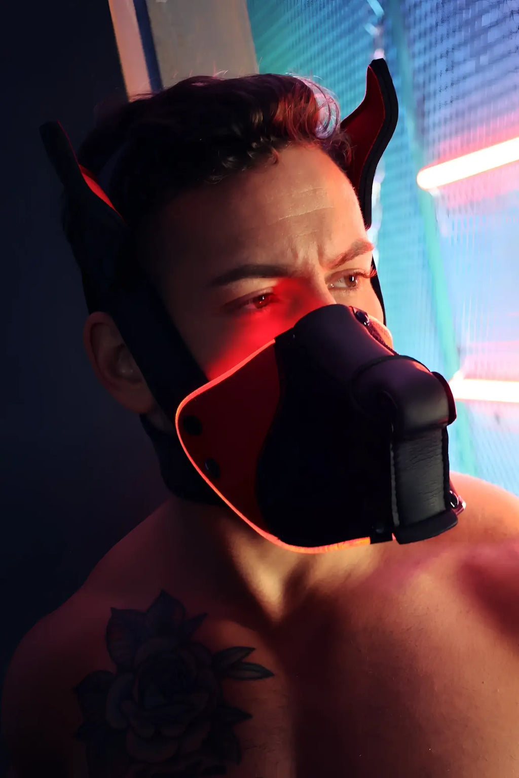 Black and red led-lit dog mask with devil horns poundtown pup mask 2.0 for costume and events