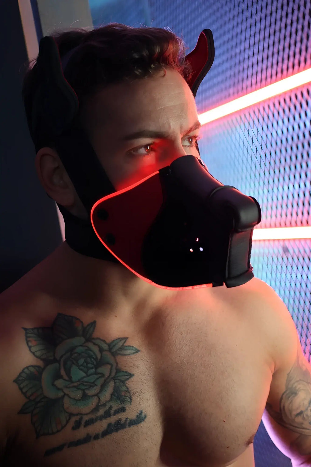 Black and red led-lit leather Poundtown Pup Mask 2.0 with devil horns for edgy costume or role play use