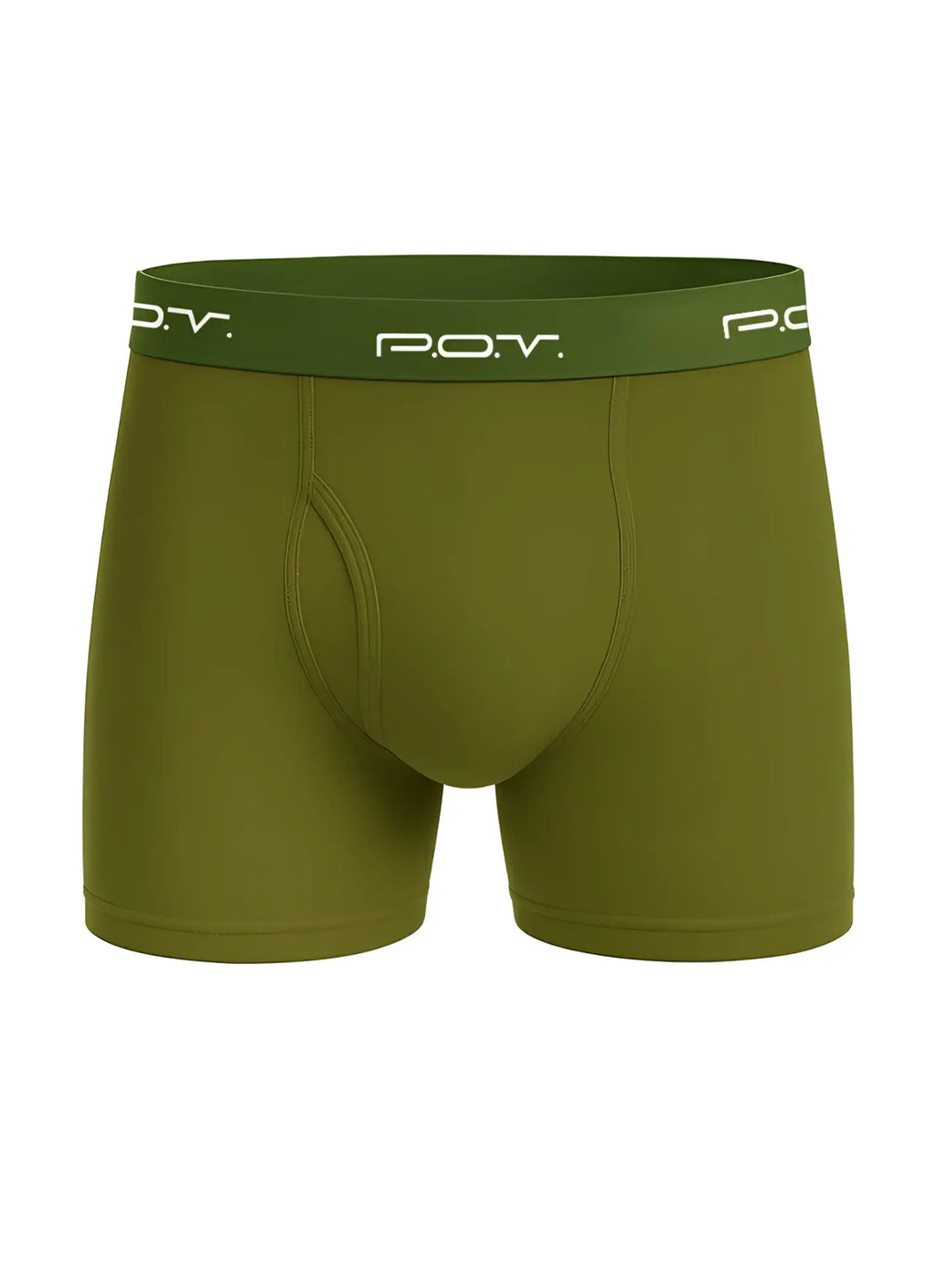 Olive green p.o.v. flyfront cotton boxer showing front view with comfortable breathable fabric and classic fit